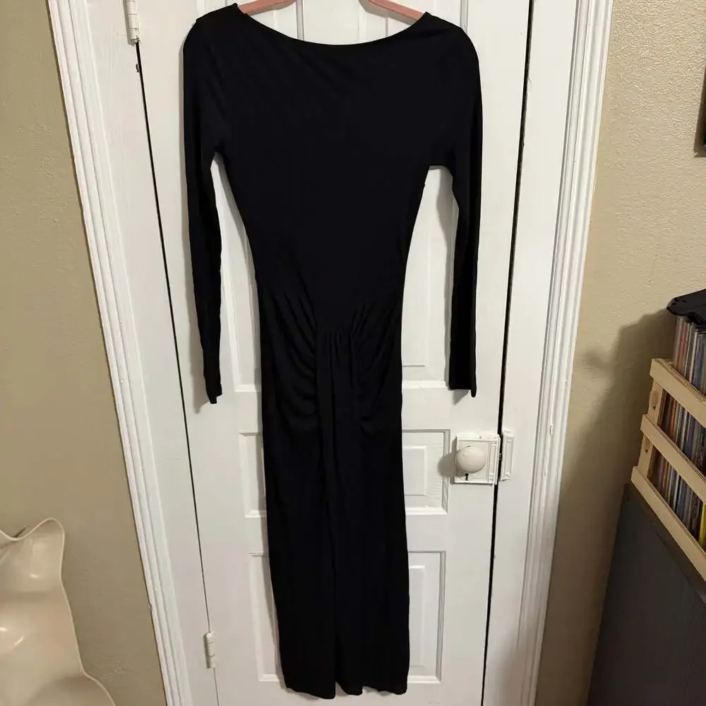 Staud Gres Midi Dress Black Ruched Slimming Long Sleeve Boat Neck Minimal Small - Picture 4 of 12